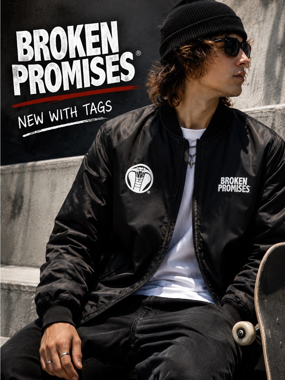 NWT Broken Promises Wired Snake Bomber Jacket Black Cobra Streetwear Size L